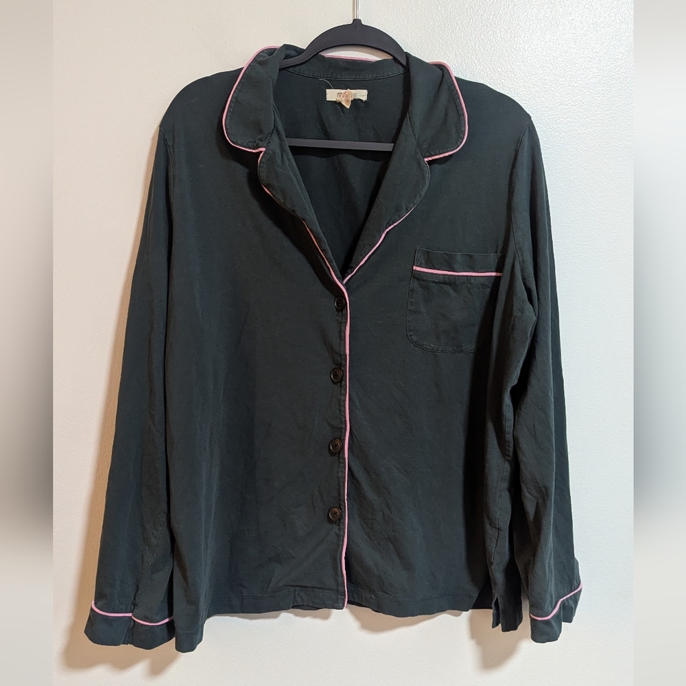 Madewell‎ Dark Green Pink Contrast Button Front Collar Long Sleeve Pajama Top
